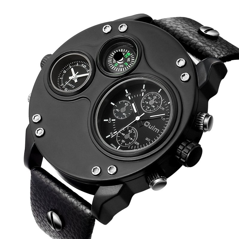 Black Leather Double Time Zone Quartz Watch