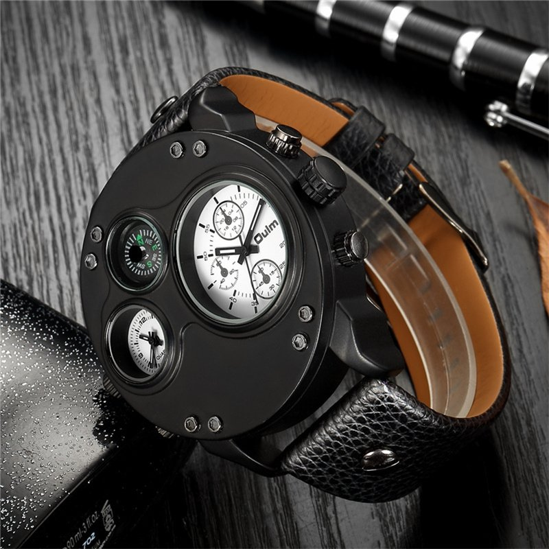 Black Leather Double Time Zone Quartz Watch